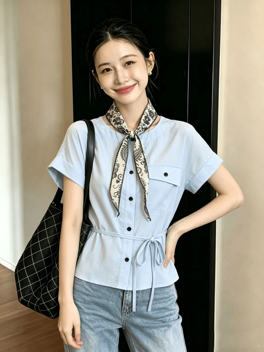 한 부서 라운드 넥 반팔 작은 셔츠 아모이 허리 수축 슬림해 보이는 작은 대중 스카프 다용도 셔츠 Chic 새로운 맨위 상세 이미지 3
