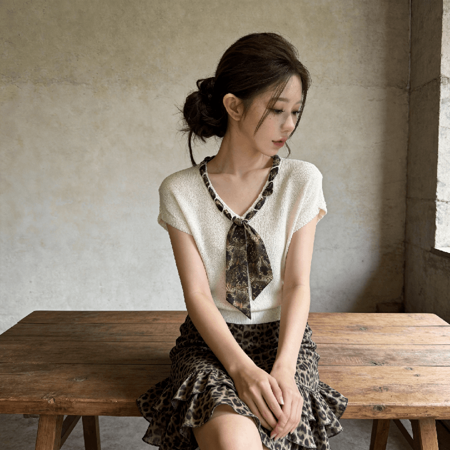 프랑스식 우아함 스카프 니트 스웨터 여성 여름 V넥 스카프 장식 디자인 센스 품격 다용도 그레이트 봐. 의류 상세 이미지 3