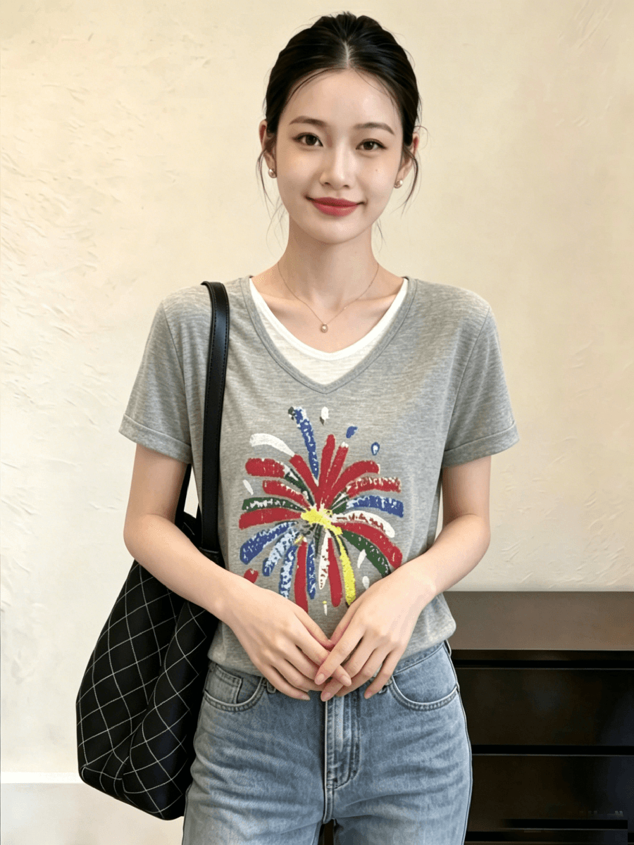 회색 페이크 레이어드 V넥 반팔 티셔츠 빅 사이즈 여성 의류 2026 년 여름 새로운 느슨함 센스 외국 가스 프린트 이미지 2