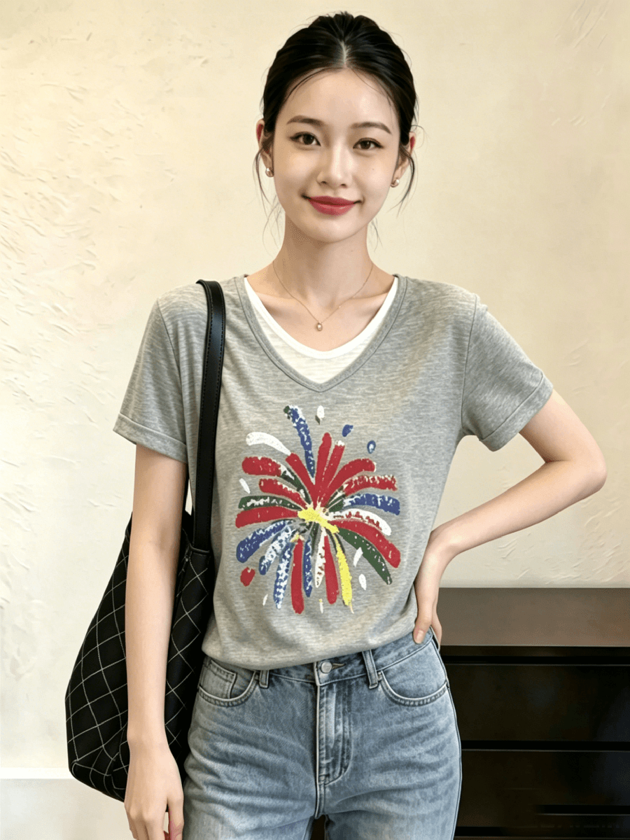 회색 페이크 레이어드 V넥 반팔 티셔츠 빅 사이즈 여성 의류 2026 년 여름 새로운 느슨함 센스 외국 가스 프린트 이미지 3