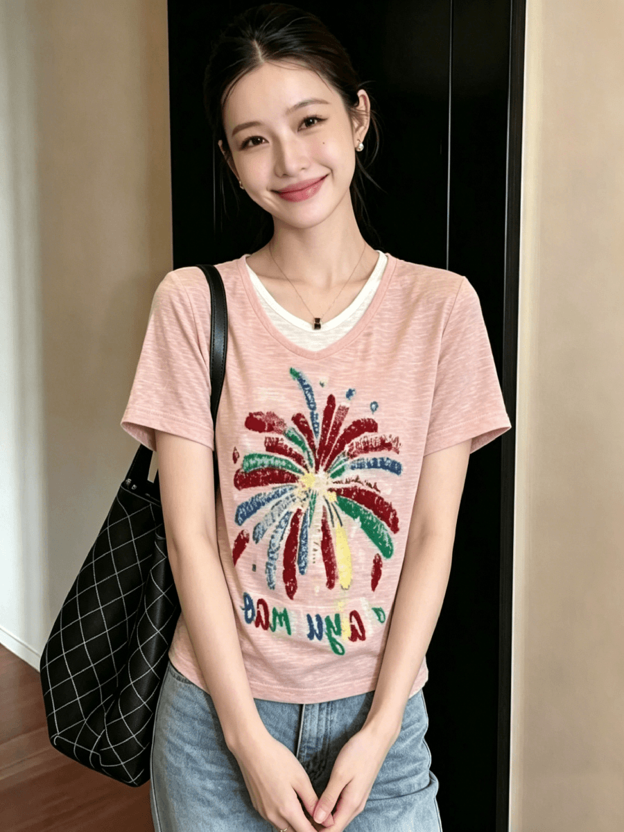 회색 페이크 레이어드 V넥 반팔 티셔츠 빅 사이즈 여성 의류 2026 년 여름 새로운 느슨함 센스 외국 가스 프린트 상세 이미지 1