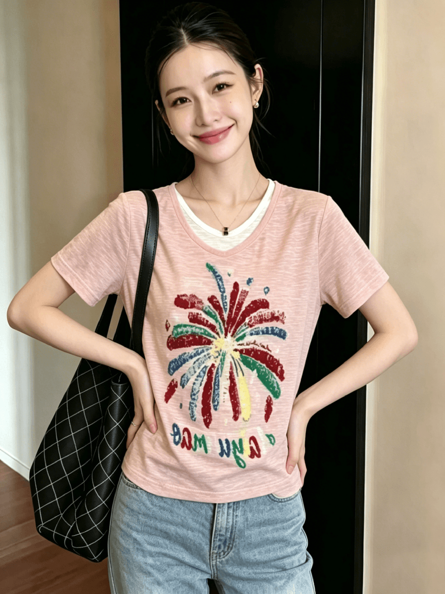 회색 페이크 레이어드 V넥 반팔 티셔츠 빅 사이즈 여성 의류 2026 년 여름 새로운 느슨함 센스 외국 가스 프린트 상세 이미지 4