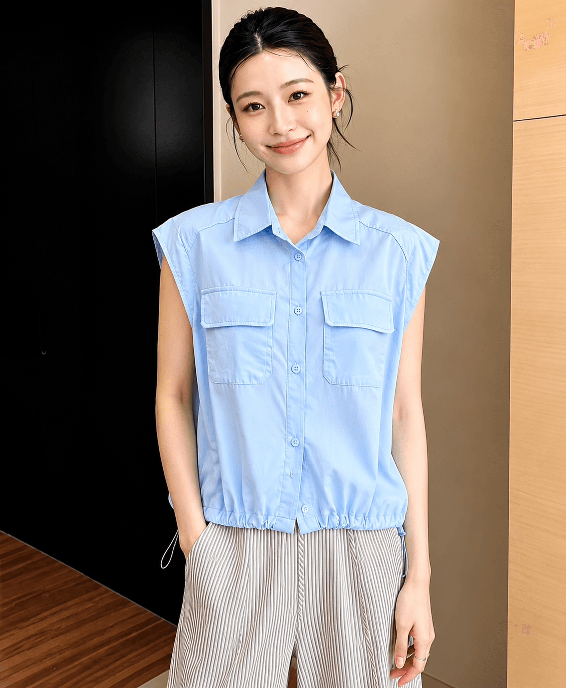 여름 POLO 칼라 스카프 고급 센스 반팔 여성 셔츠 새로운 폭발 디자인 센스 작은 날다 소매 맨위 작은 셔츠 이미지 2