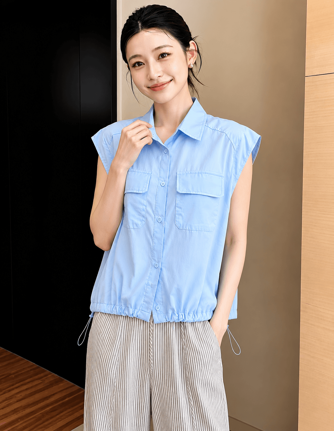 여름 POLO 칼라 스카프 고급 센스 반팔 여성 셔츠 새로운 폭발 디자인 센스 작은 날다 소매 맨위 작은 셔츠 이미지 3
