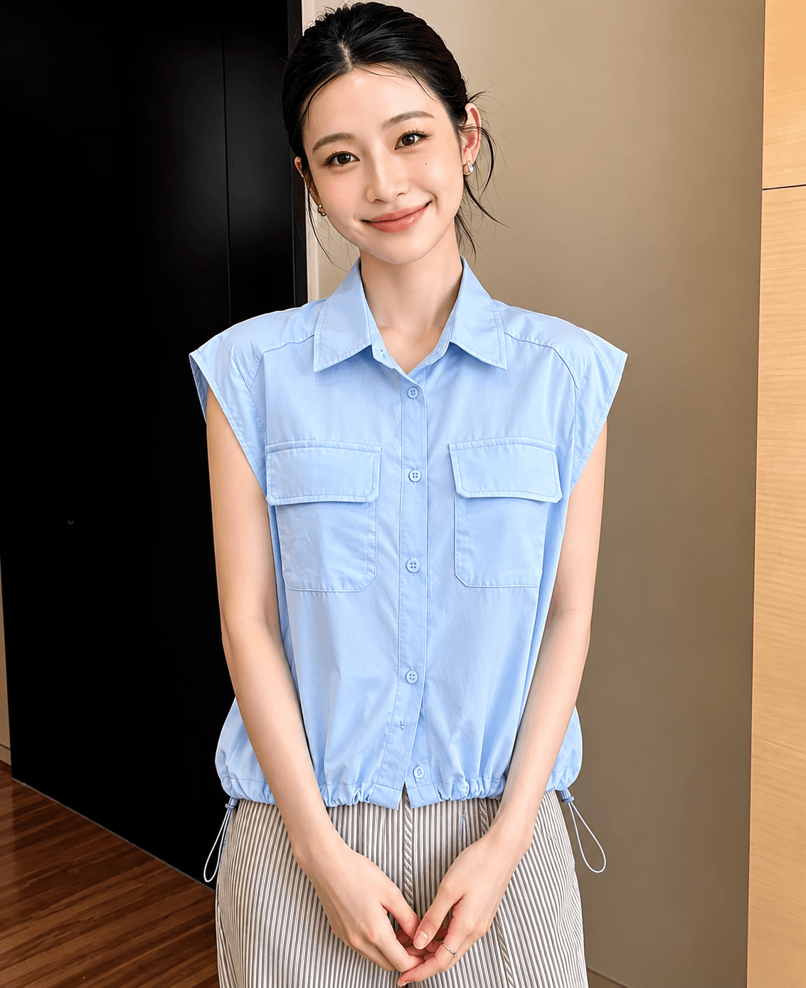 여름 POLO 칼라 스카프 고급 센스 반팔 여성 셔츠 새로운 폭발 디자인 센스 작은 날다 소매 맨위 작은 셔츠 상세 이미지 1