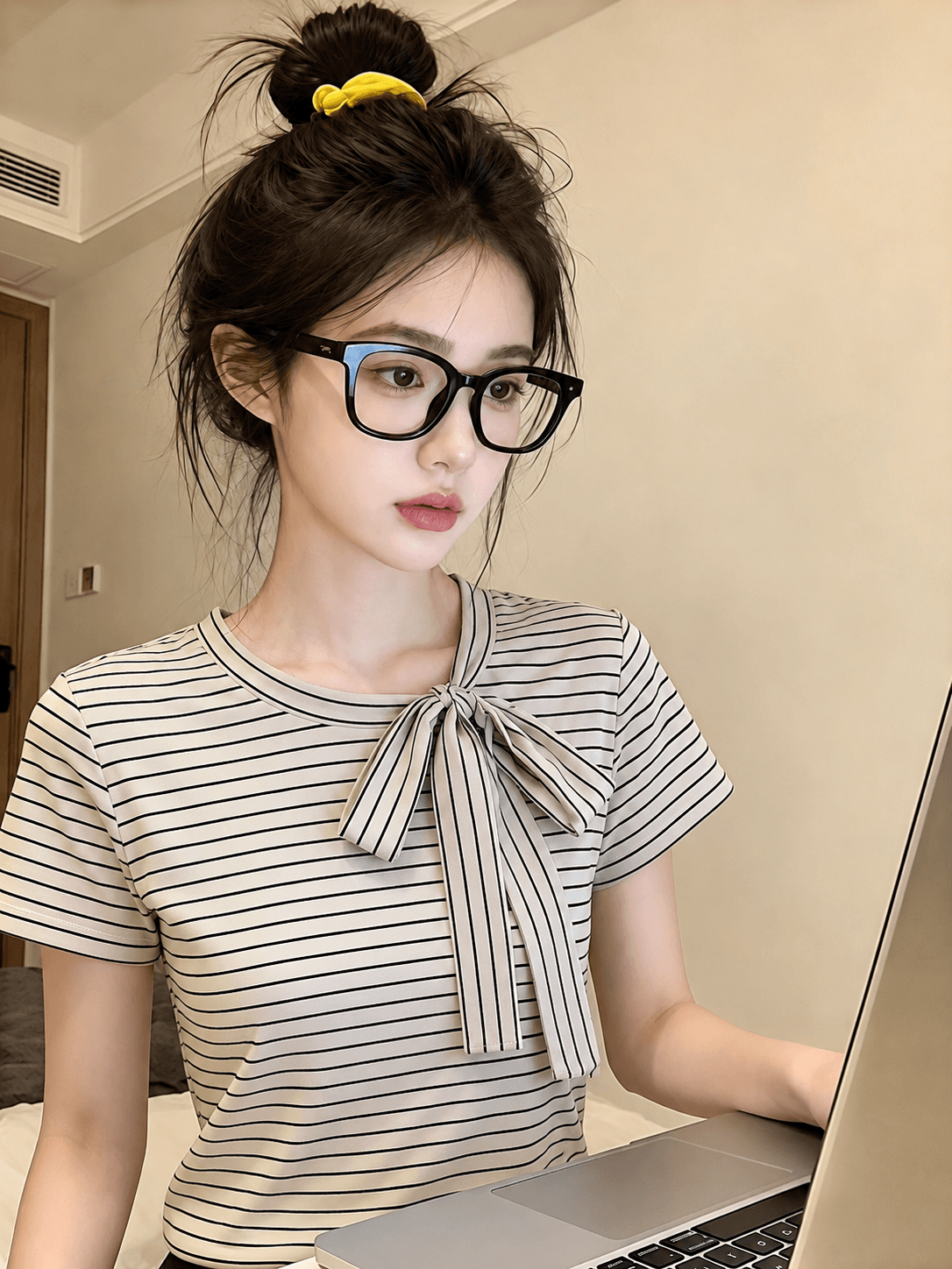 2026 여름 베이지 색 스트라이프 티셔츠 나비 넥타이 기본 셔츠 여성 여름 다용도 디자인 센스 반팔 맨위