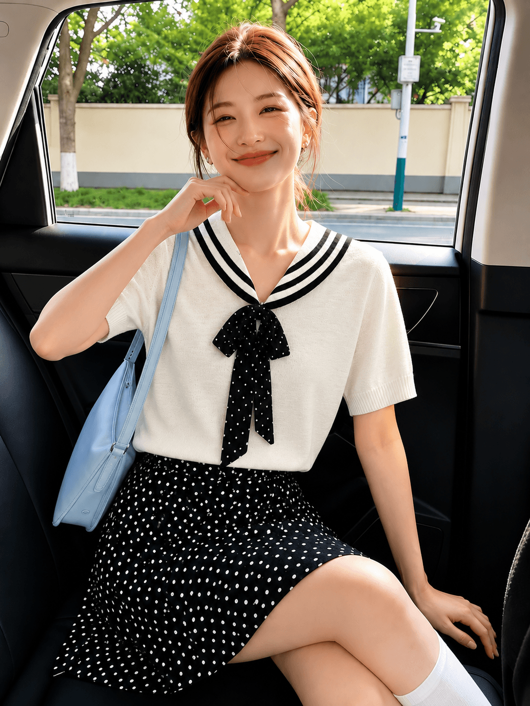 한 부서 해군 칼라 도트 무늬 리본 니트 반팔 부드러운 바람 스트라이프 폴로 칼라 쇼트 스타일 슬림해 보이는 얼음 실크 맨위 이미지 3