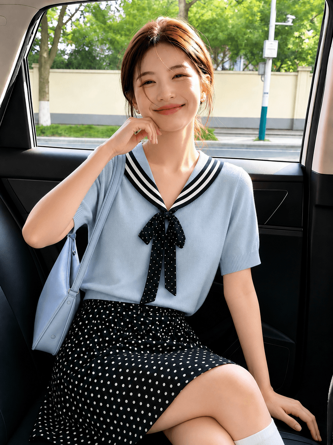 한 부서 해군 칼라 도트 무늬 리본 니트 반팔 부드러운 바람 스트라이프 폴로 칼라 쇼트 스타일 슬림해 보이는 얼음 실크 맨위 이미지 2
