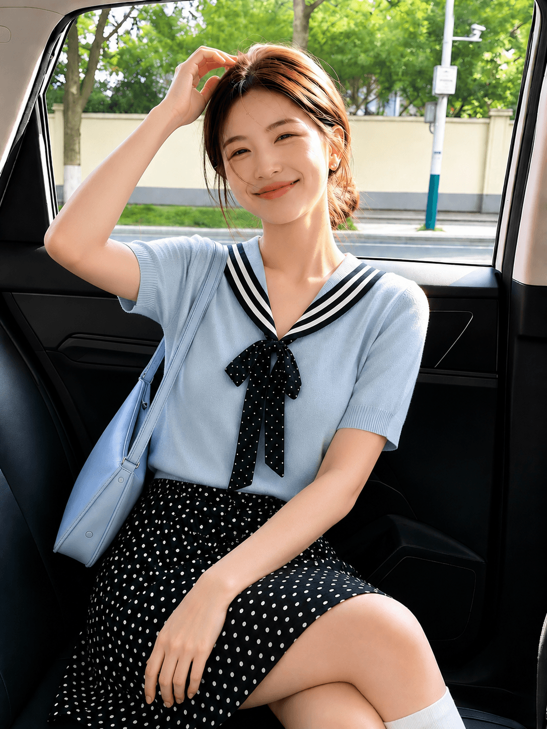 한 부서 해군 칼라 도트 무늬 리본 니트 반팔 부드러운 바람 스트라이프 폴로 칼라 쇼트 스타일 슬림해 보이는 얼음 실크 맨위 상세 이미지 3
