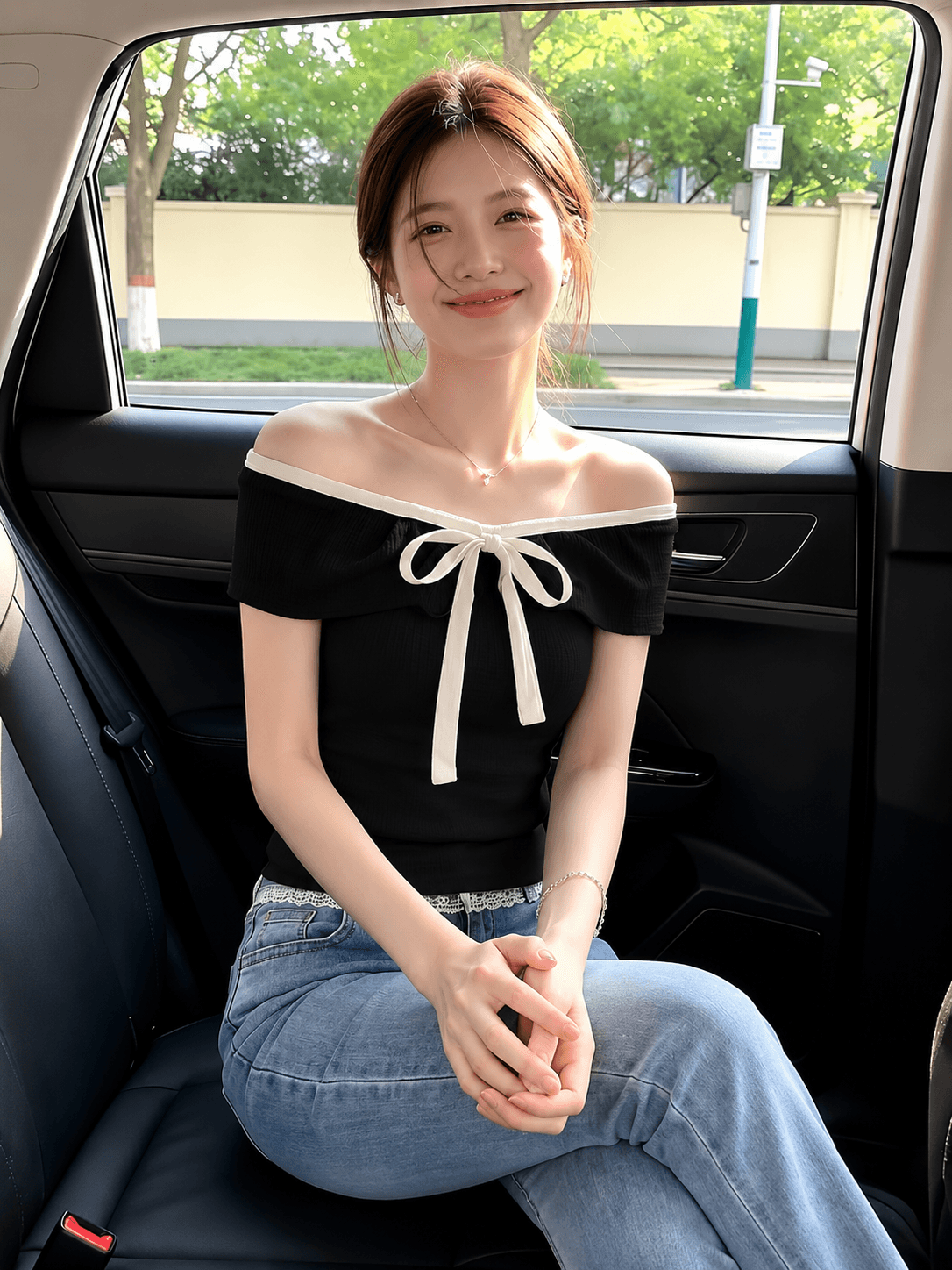프랑스식 여름 새로운 부드러운 연령 감소 품격 다용도 니트 스웨터 오프숄더 나비 넥타이 맨위 여성 상세 이미지 3