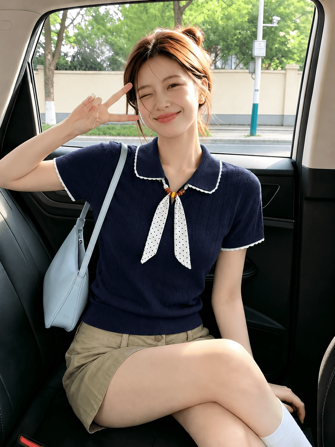 얼음 실크 디자인 센스 폴로 칼라 니트 스웨터 여성 여름 얇은 스타일 라운드 넥 반팔 풀오버 다용도 티셔츠 맨위 이미지 4