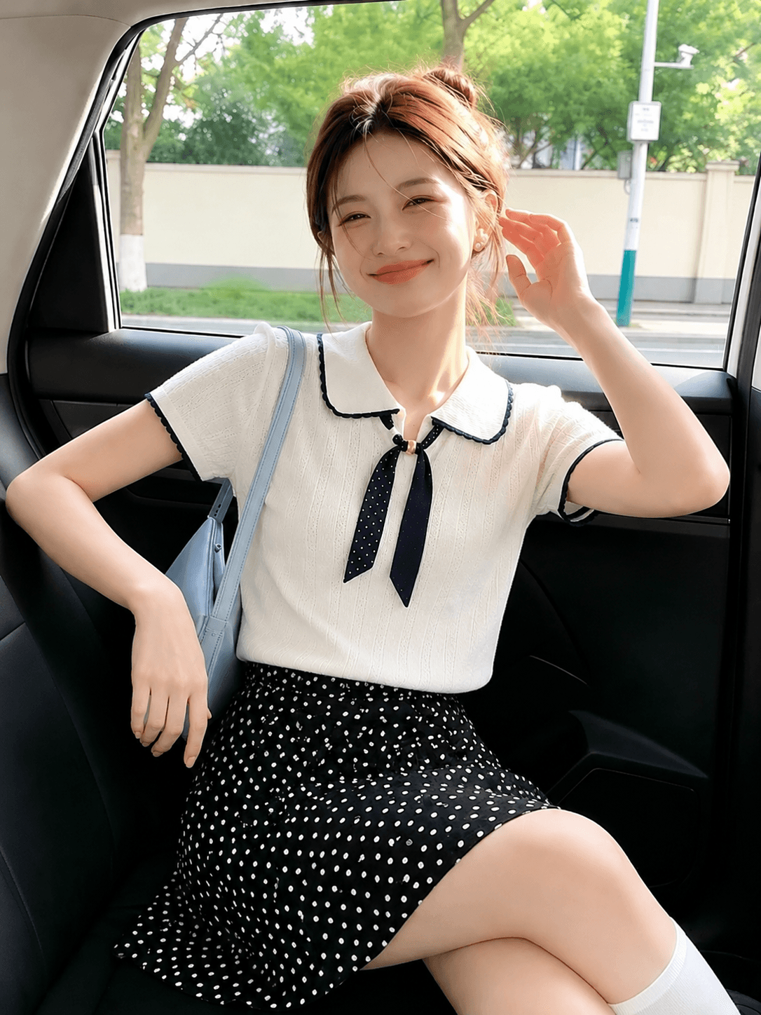 얼음 실크 디자인 센스 폴로 칼라 니트 스웨터 여성 여름 얇은 스타일 라운드 넥 반팔 풀오버 다용도 티셔츠 맨위 상세 이미지 2