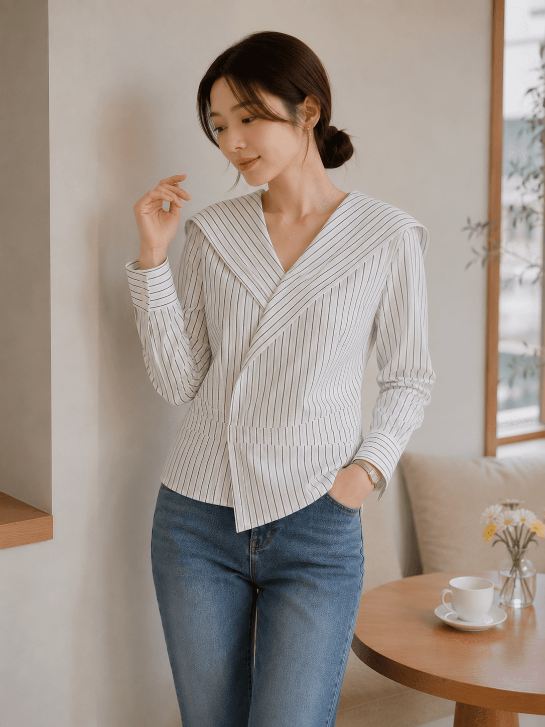 2026 가을 새로운 빛 요리 한 바람 스트라이프 긴팔 여성 셔츠 V넥 허리 수축 세련된 슬림해 보이는 인사이드 잡아라. 의류 상세 이미지 5