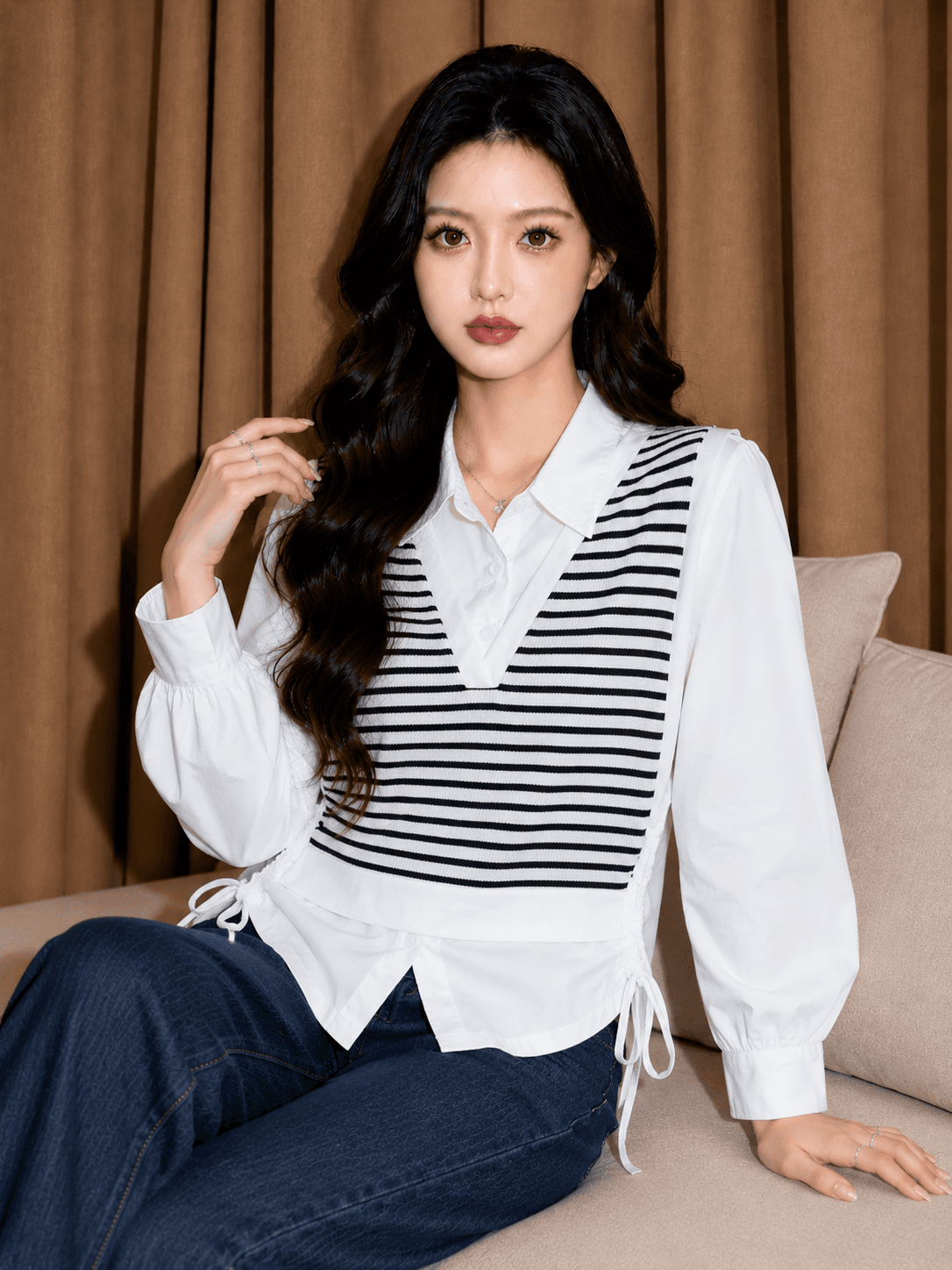 페이크 레이어드 스트라이프 패치워크 여성 셔츠 2026 새로운 한국 스타일 가을 품격 POLO 칼라 펌프 로프 맨위 작은 셔츠 상세 이미지 4