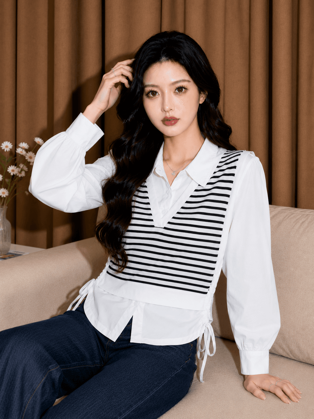 페이크 레이어드 스트라이프 패치워크 여성 셔츠 2026 새로운 한국 스타일 가을 품격 POLO 칼라 펌프 로프 맨위 작은 셔츠 상세 이미지 5