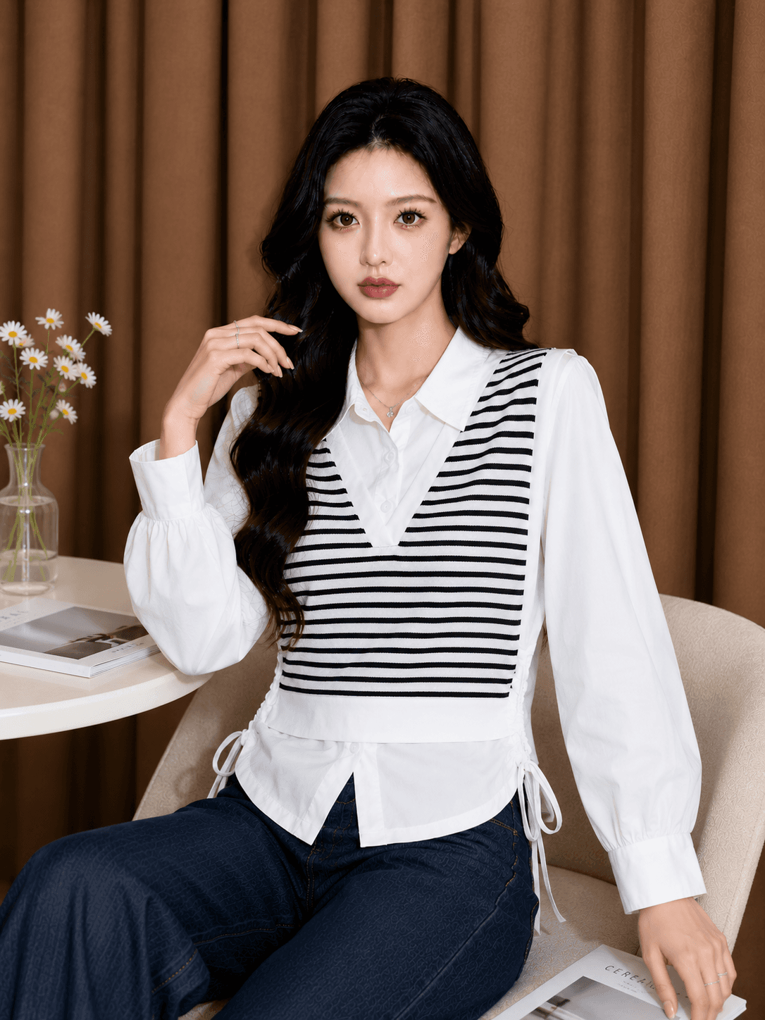 페이크 레이어드 스트라이프 패치워크 여성 셔츠 2026 새로운 한국 스타일 가을 품격 POLO 칼라 펌프 로프 맨위 작은 셔츠 상세 이미지 6