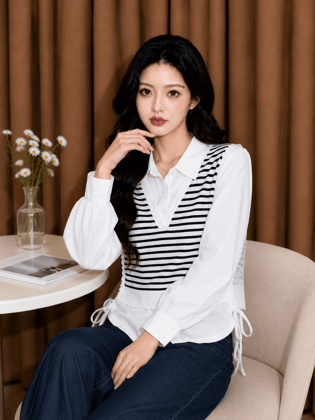 페이크 레이어드 스트라이프 패치워크 여성 셔츠 2026 새로운 한국 스타일 가을 품격 POLO 칼라 펌프 로프 맨위 작은 셔츠 상세 이미지 7