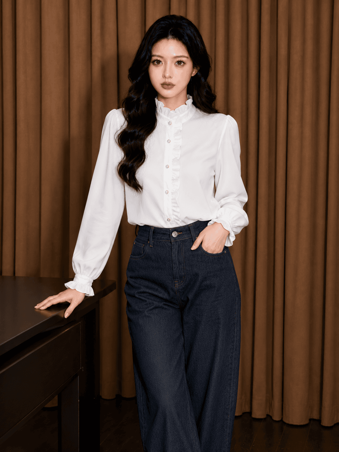 프랑스식 스탠드 칼라 프릴 레이스 쉬폰 셔츠 외국 가스 Chic 프릴 터틀넥 마이크로 ~을 통해 나팔 소매 맨위 이미지 4