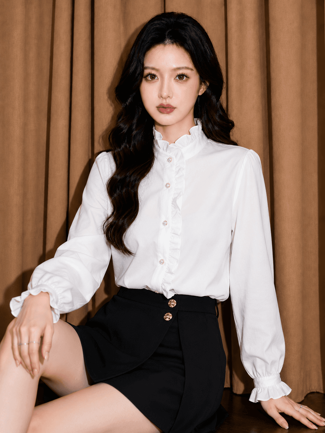프랑스식 스탠드 칼라 프릴 레이스 쉬폰 셔츠 외국 가스 Chic 프릴 터틀넥 마이크로 ~을 통해 나팔 소매 맨위 이미지 3