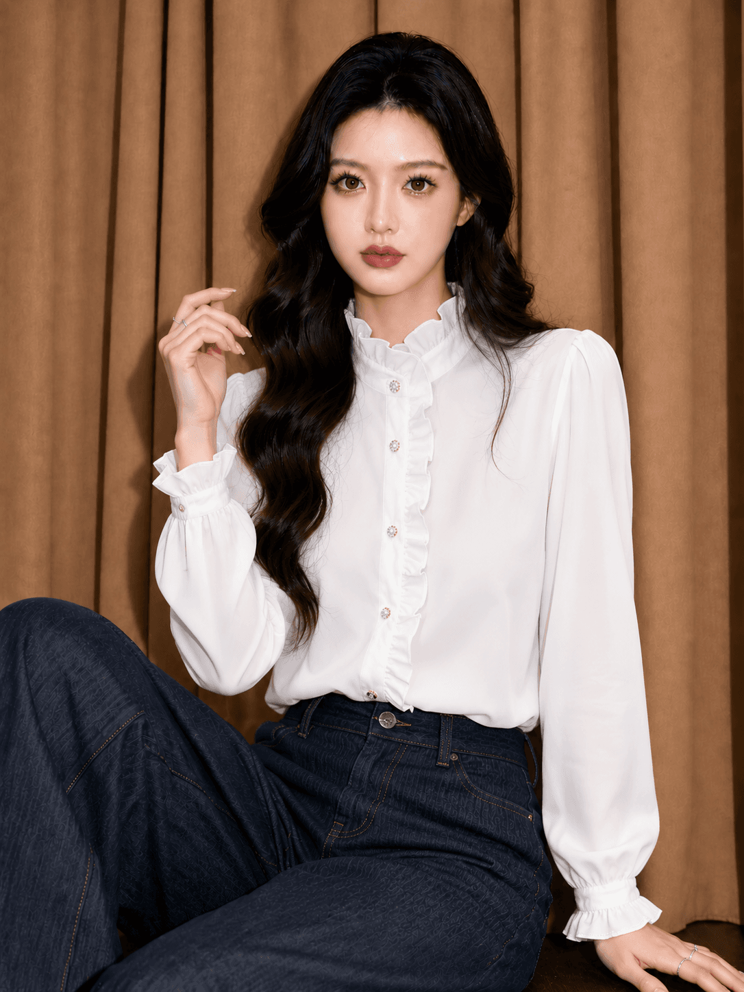프랑스식 스탠드 칼라 프릴 레이스 쉬폰 셔츠 외국 가스 Chic 프릴 터틀넥 마이크로 ~을 통해 나팔 소매 맨위 이미지 2