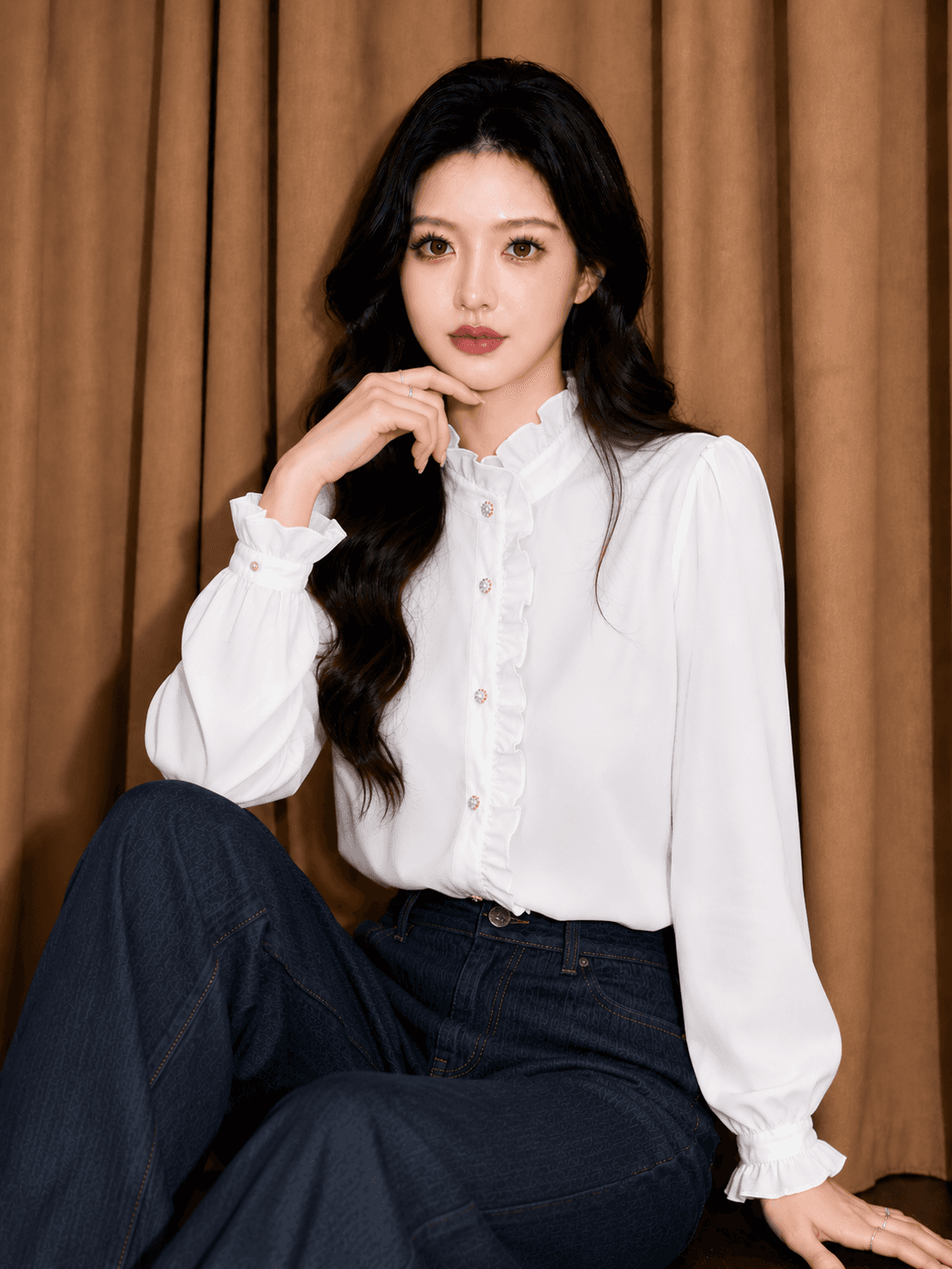 프랑스식 스탠드 칼라 프릴 레이스 쉬폰 셔츠 외국 가스 Chic 프릴 터틀넥 마이크로 ~을 통해 나팔 소매 맨위 상세 이미지 7
