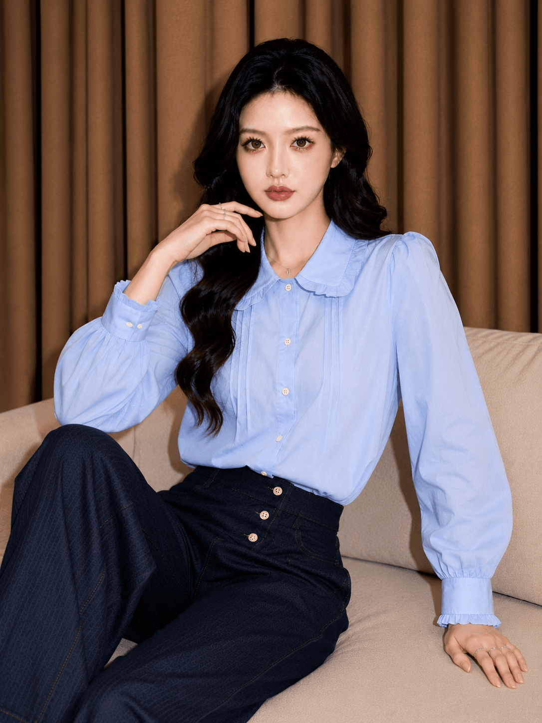 2026 년 가을 새로운 프랑스식 레트로 프릴 파란색 셔츠 여성 긴 소매 맨위 디자인 센스 작은 대중 이미지 2