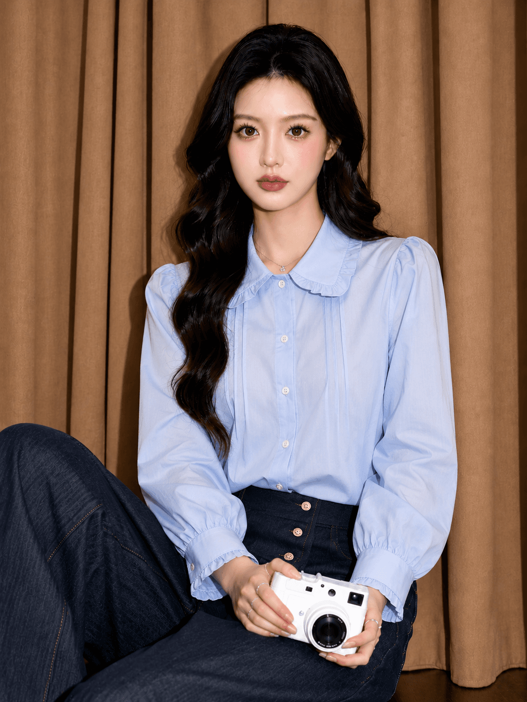 2026 년 가을 새로운 프랑스식 레트로 프릴 파란색 셔츠 여성 긴 소매 맨위 디자인 센스 작은 대중 상세 이미지 3