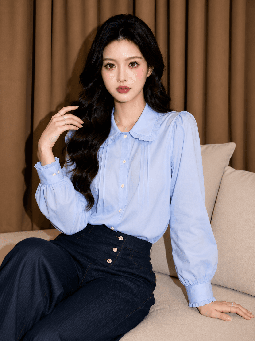 2026 년 가을 새로운 프랑스식 레트로 프릴 파란색 셔츠 여성 긴 소매 맨위 디자인 센스 작은 대중 상세 이미지 4