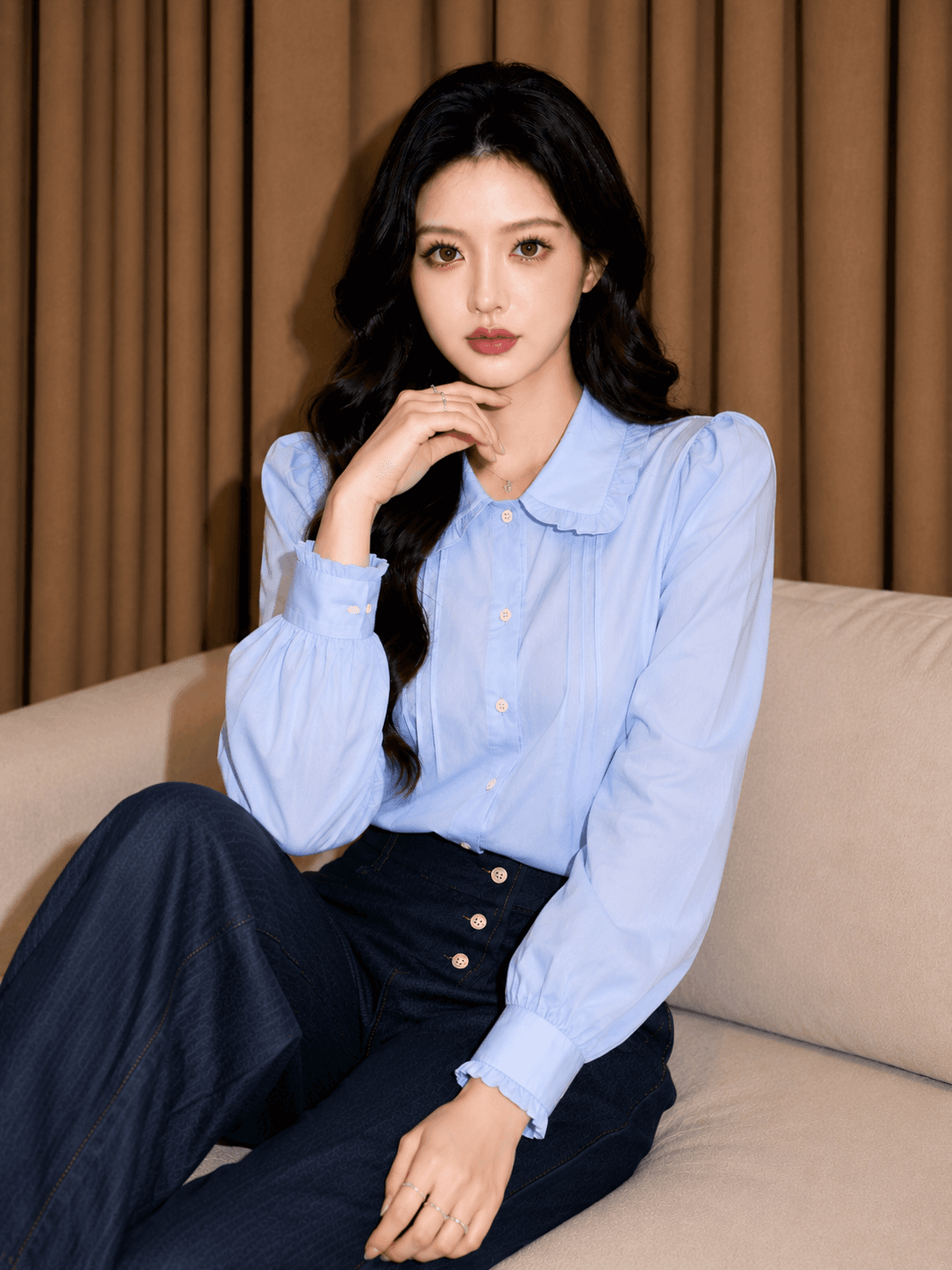 2026 년 가을 새로운 프랑스식 레트로 프릴 파란색 셔츠 여성 긴 소매 맨위 디자인 센스 작은 대중 상세 이미지 5