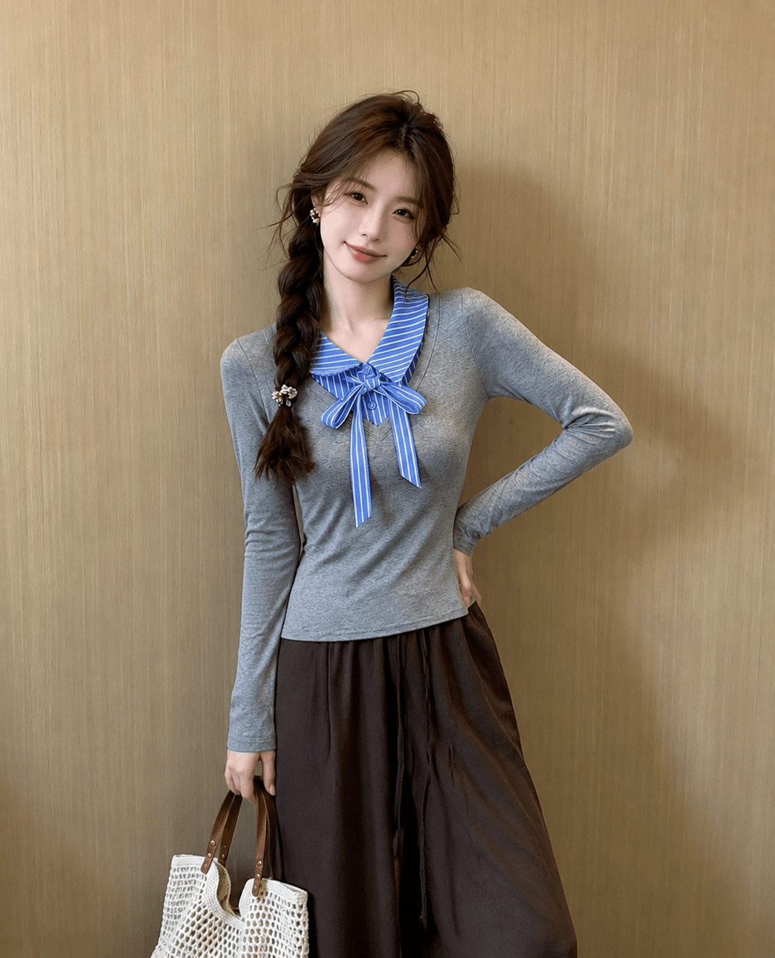 작은 대중 폴로 칼라 패치워크 긴팔 티셔츠 여성 가을 2026 새로운 페이크 레이어드 리본 만나는 맨위 이미지 2