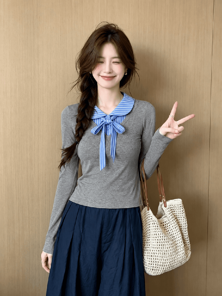 작은 대중 폴로 칼라 패치워크 긴팔 티셔츠 여성 가을 2026 새로운 페이크 레이어드 리본 만나는 맨위 상세 이미지 5