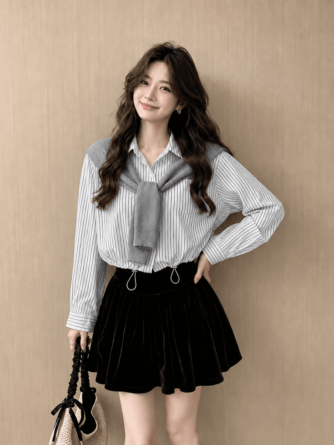 2026 가을 고급 센스 배색 스트라이프 길다 분 소매 셔츠 니트 숄 두 조각 여성 세트 이미지 4