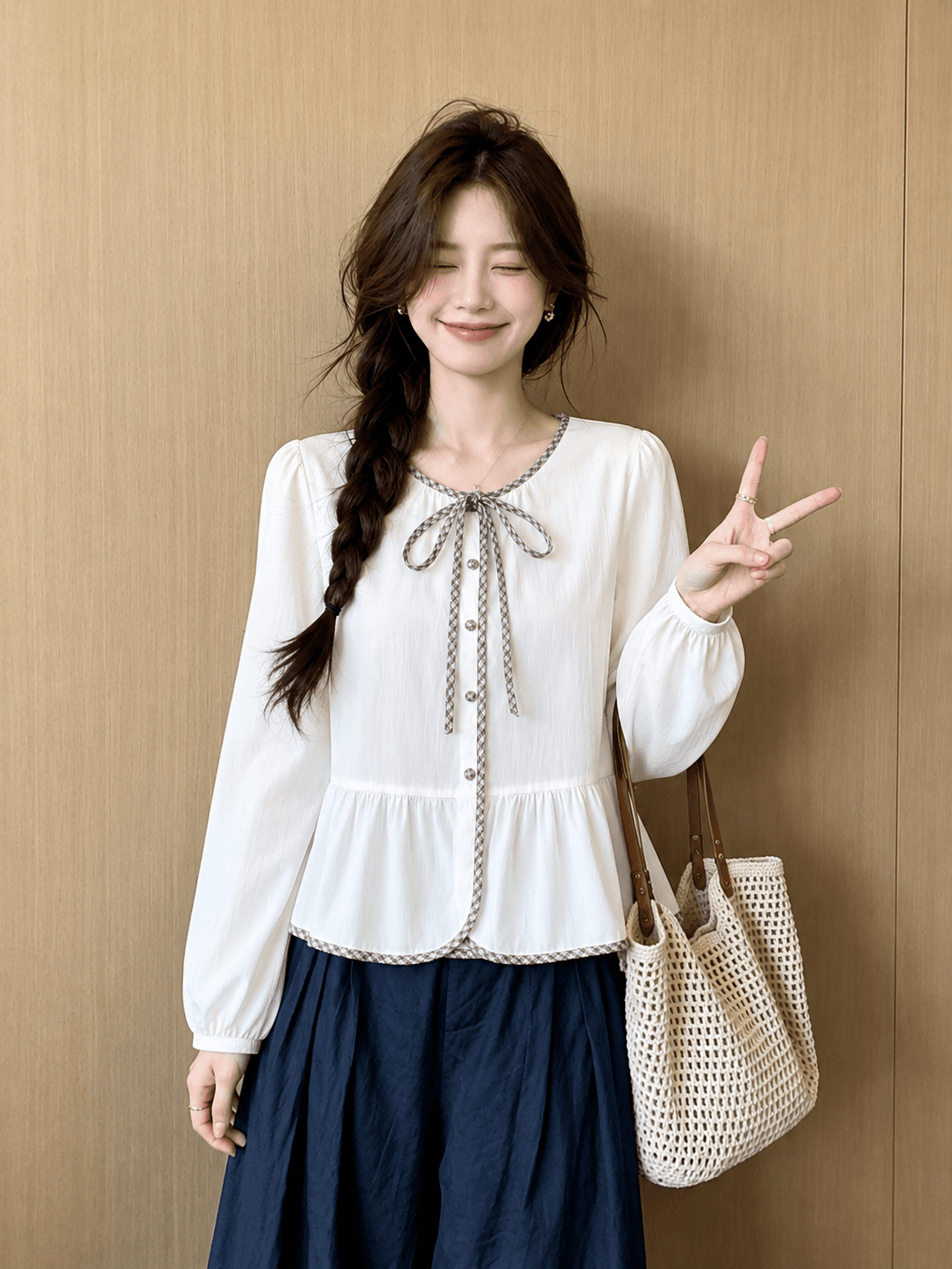 2026 한 부서 프랑스식 나비 넥타이 긴팔 여성 셔츠 루즈핏 슬림해 보이는 디자인 센스 연령 감소 맨위 이미지 3