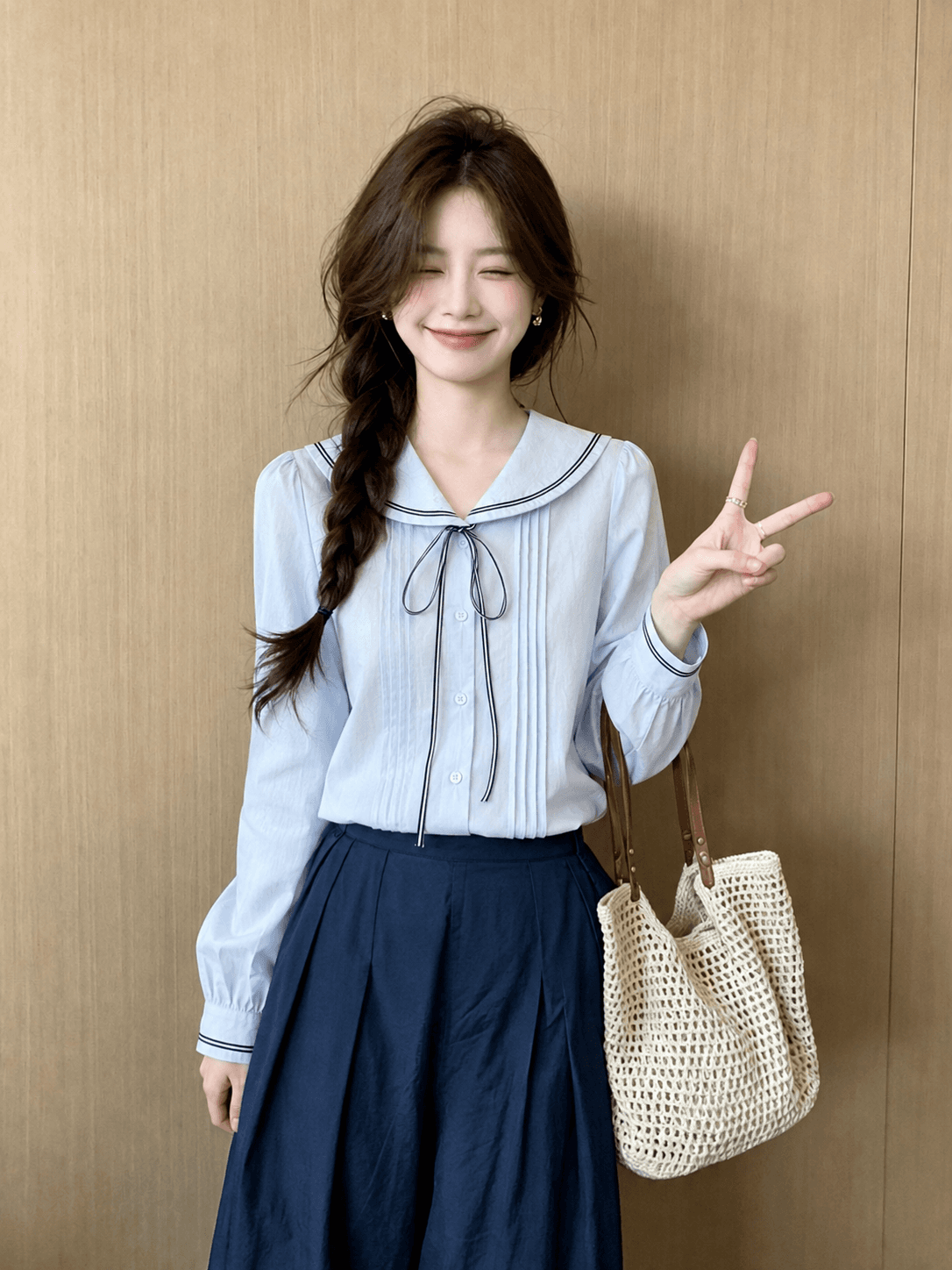프랑스식 나비 넥타이 배색 긴팔 여성 셔츠 봄 새로운 루즈핏 슬림해 보이는 디자인 센스 연령 감소 맨위 트렌디 상세 이미지 6