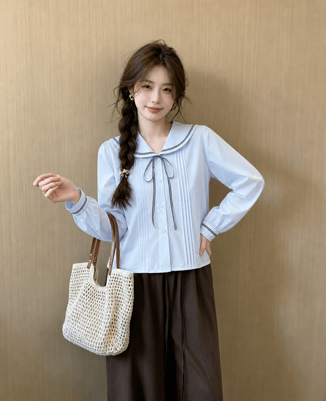 프랑스식 나비 넥타이 배색 긴팔 여성 셔츠 봄 새로운 루즈핏 슬림해 보이는 디자인 센스 연령 감소 맨위 트렌디 상세 이미지 7