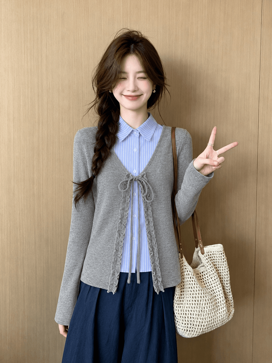 2026 가을 페이크 레이어드 스트라이프 셔츠 니트 티셔츠 여성 봄 봄 한 부서 프릴 작은 대중 긴팔 맨위 상세 이미지 1