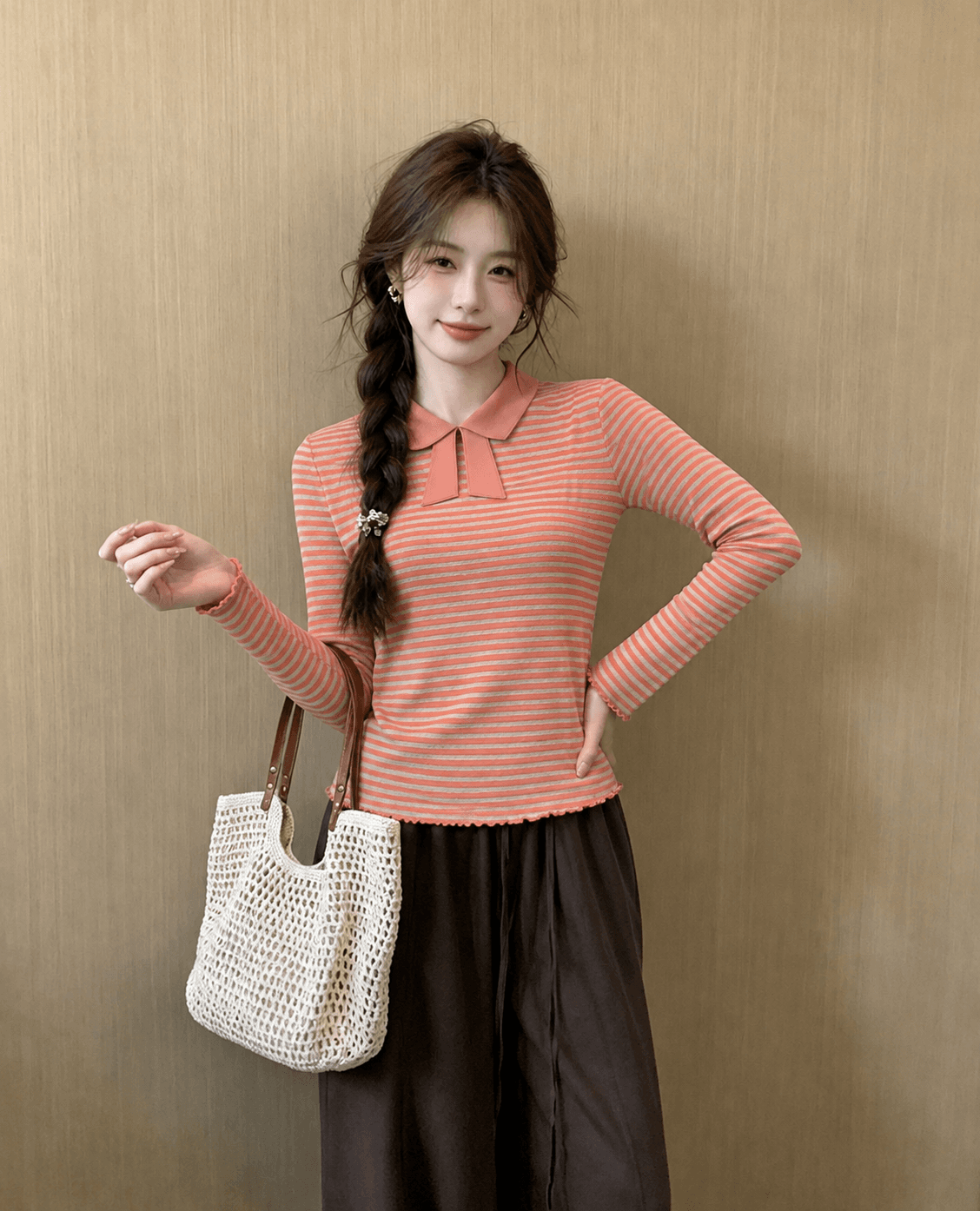 2026 가을 나비 매듭 칼라 스트라이프 긴팔 기본 셔츠 여성 봄 새로운 품격 몸매 가꾸기 다용도 맨위 트렌디 상세 이미지 2
