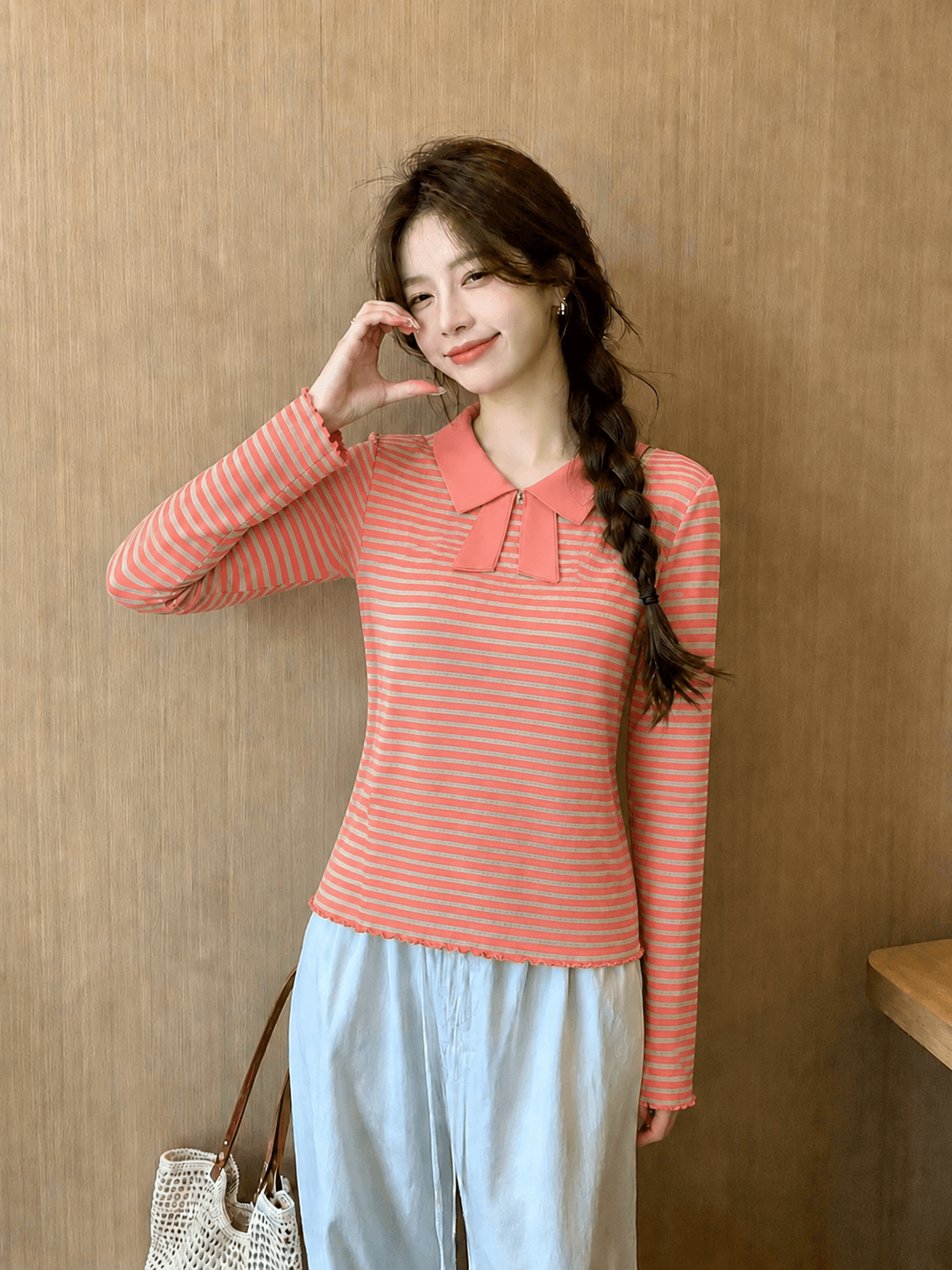2026 가을 나비 매듭 칼라 스트라이프 긴팔 기본 셔츠 여성 봄 새로운 품격 몸매 가꾸기 다용도 맨위 트렌디 상세 이미지 6