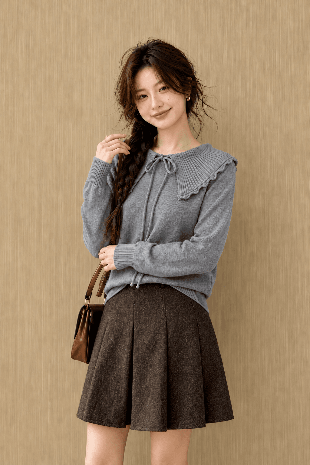 2026 가을 겨울 빛 요리 한 바람이 아닙니다. 규칙 단색 빅 칼라 긴팔 니트 스웨터 여성 의류 레트로 스웨터 상세 이미지 4