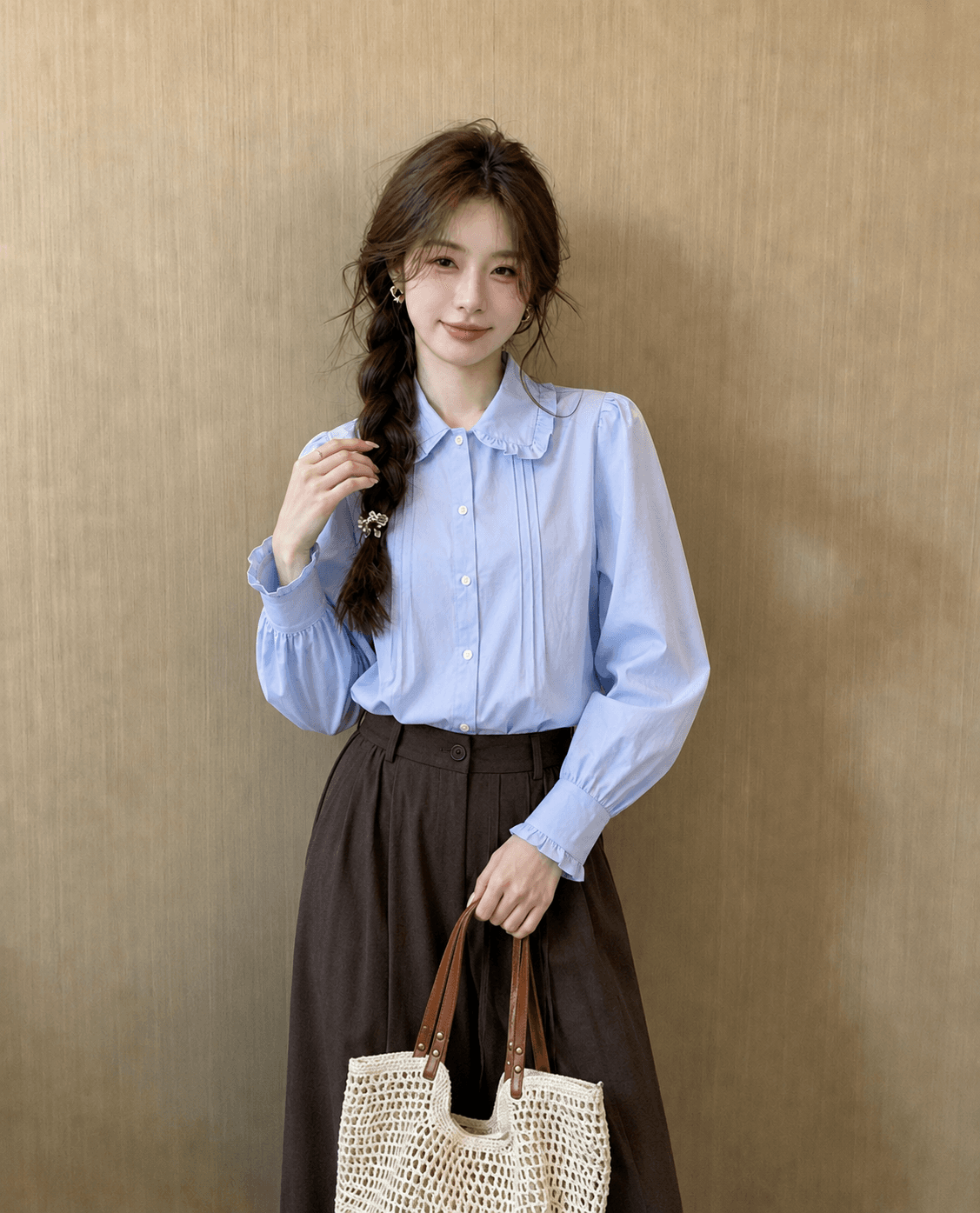 2026 년 가을 새로운 프랑스식 레트로 프릴 파란색 셔츠 여성 긴 소매 맨위 디자인 센스 작은 대중 상세 이미지 5