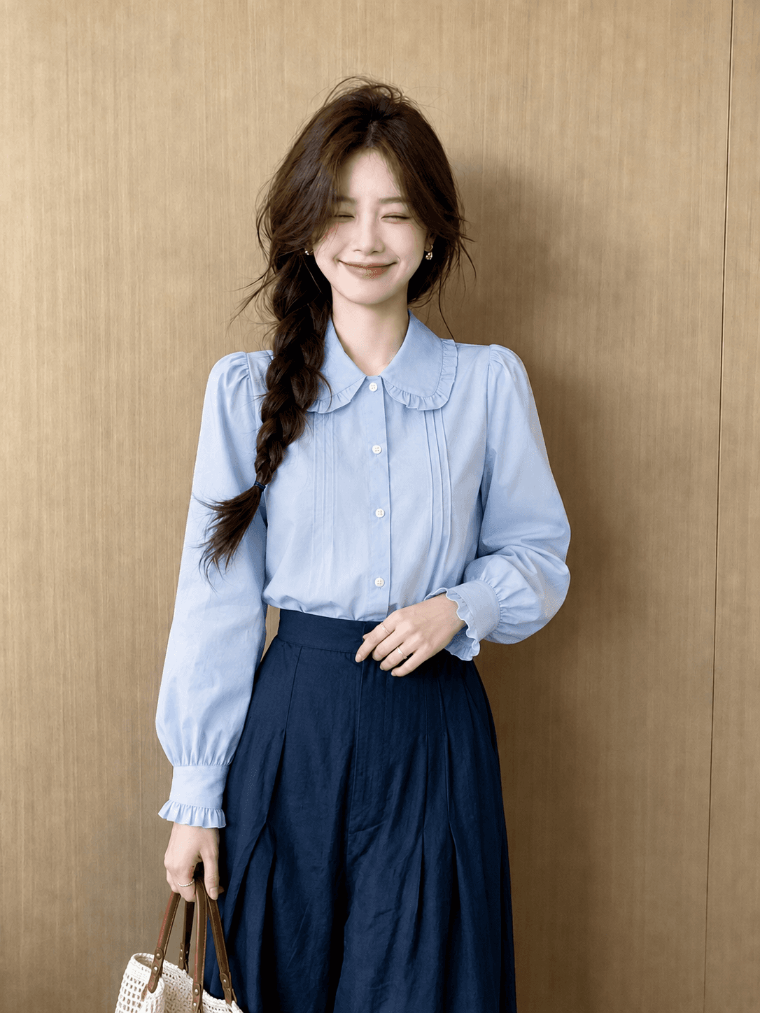 2026 년 가을 새로운 프랑스식 레트로 프릴 파란색 셔츠 여성 긴 소매 맨위 디자인 센스 작은 대중 상세 이미지 6