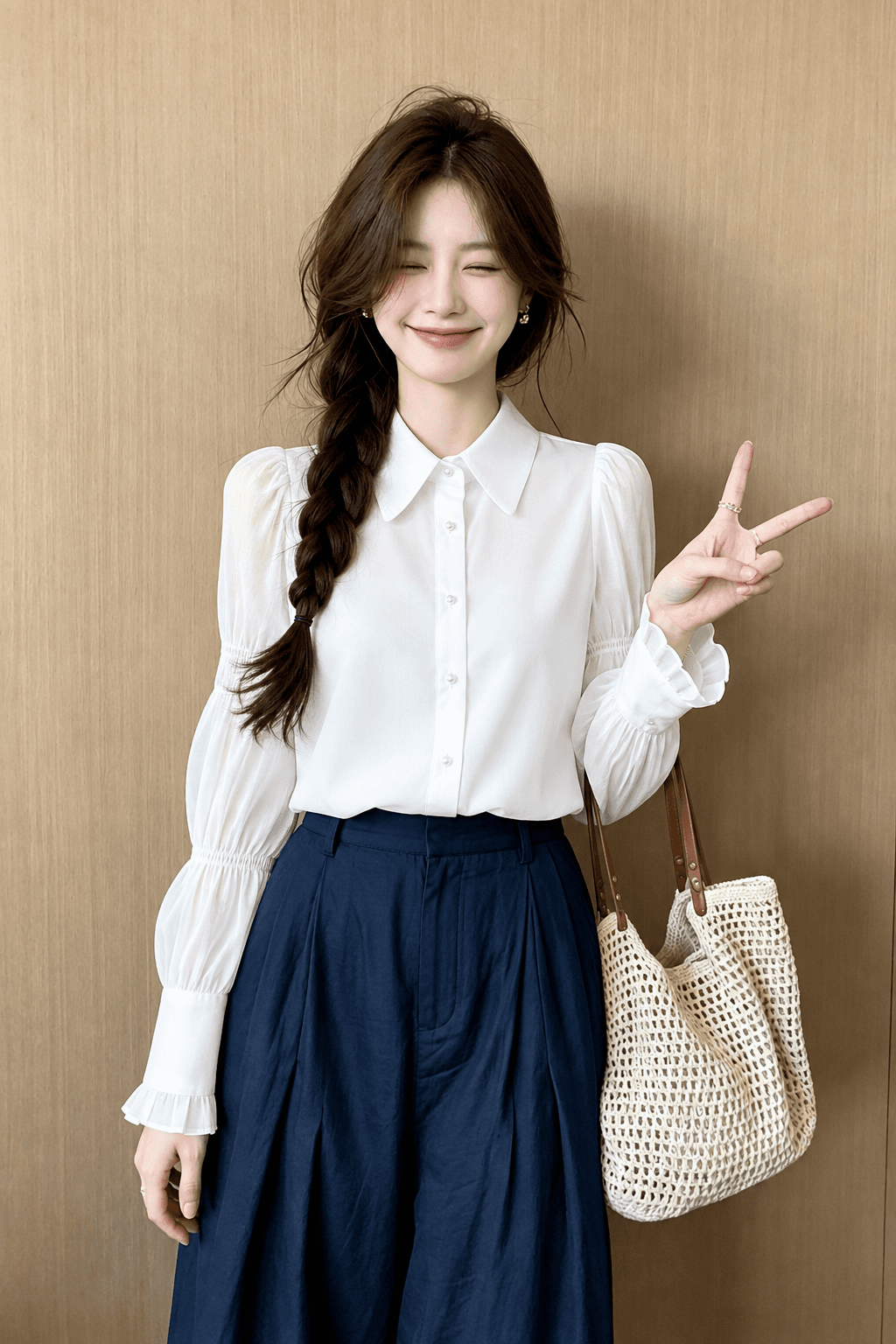 프랑스식 작은 대중 긴팔 단색 여성 셔츠 2026 년 가을 새로운 디자인 센스 진주 칼라 거품 소매 쉬폰 블라우스 상세 이미지 1