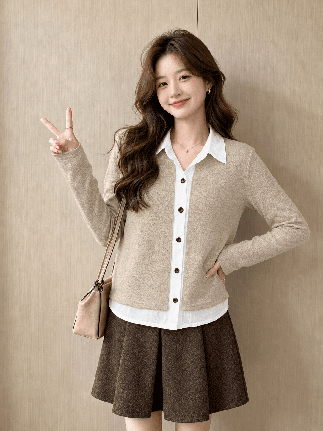 명문 여성 바람 배색 페이크 레이어드 니트 패치워크 여성 셔츠 2026 가을 새로운 폴로 칼라 싱글 줄 버튼 오픈 가디건 상세 이미지 3
