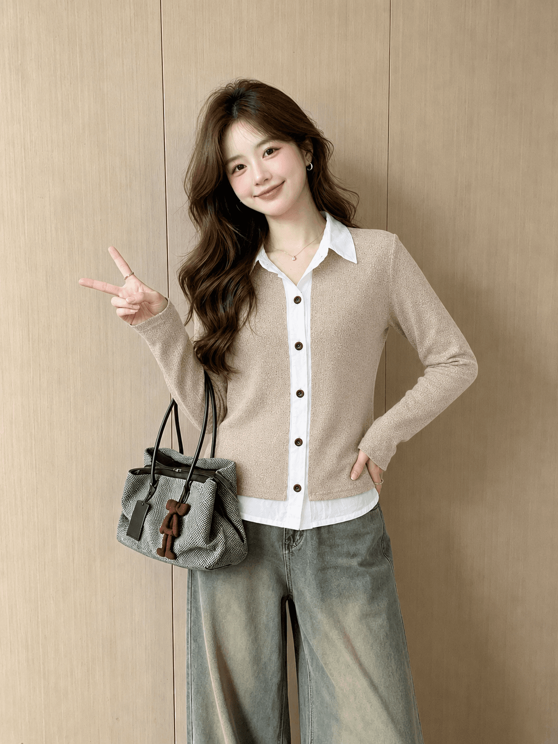 명문 여성 바람 배색 페이크 레이어드 니트 패치워크 여성 셔츠 2026 가을 새로운 폴로 칼라 싱글 줄 버튼 오픈 가디건 상세 이미지 4