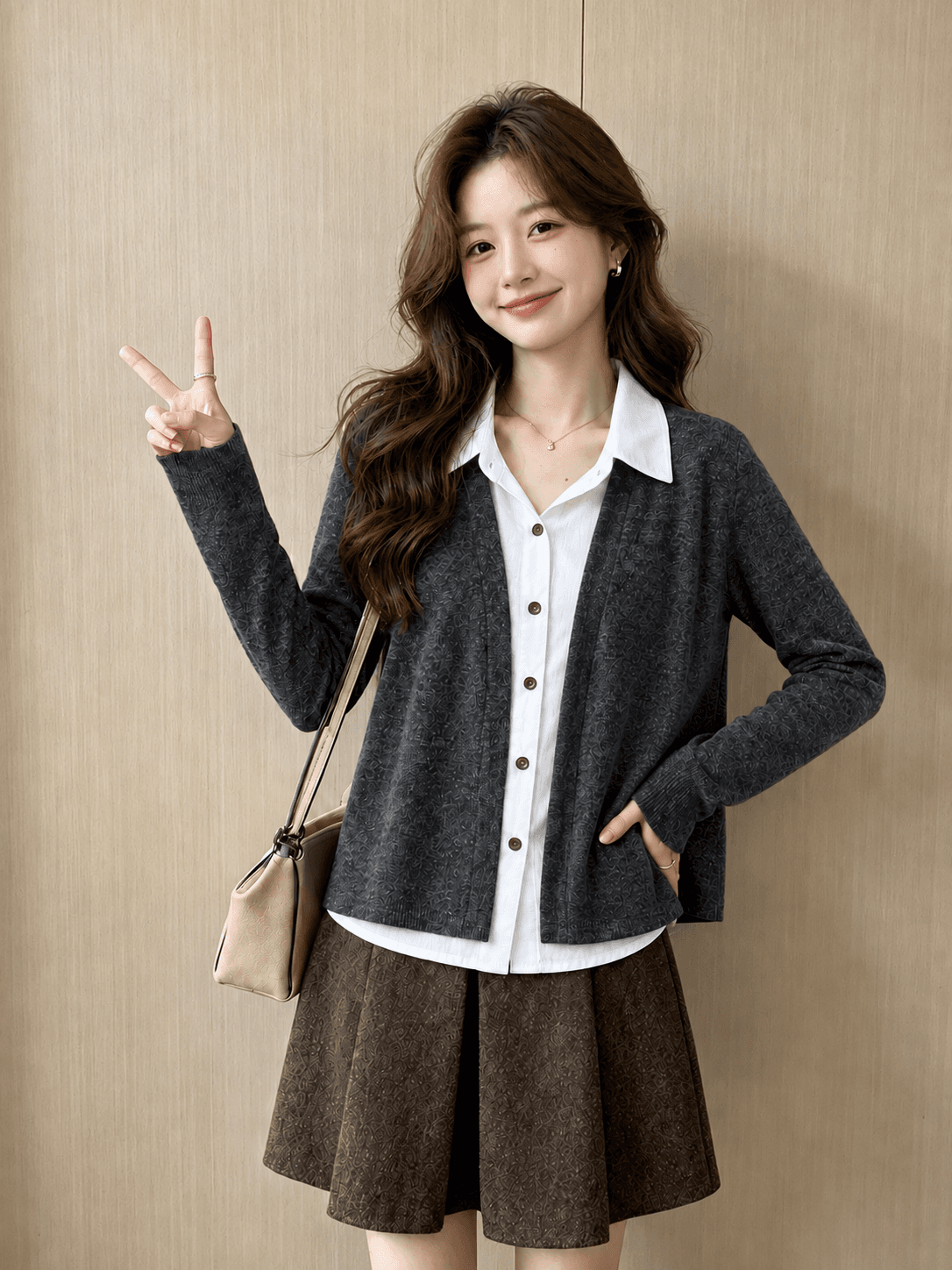 명문 여성 바람 배색 페이크 레이어드 니트 패치워크 여성 셔츠 2026 가을 새로운 폴로 칼라 싱글 줄 버튼 오픈 가디건 상세 이미지 7