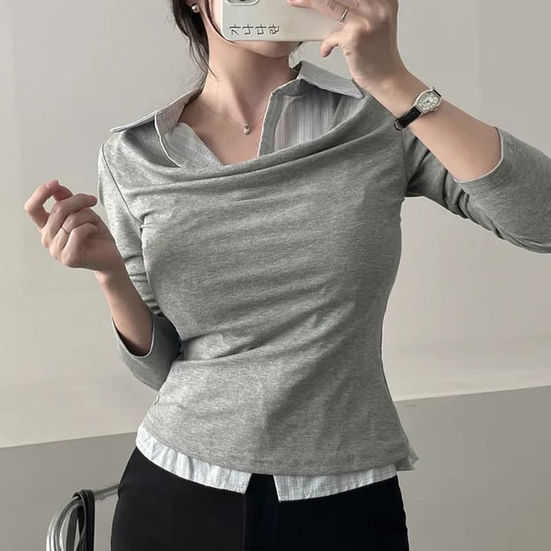 26 이른 봄 한 부서 학원 스타일 폴로 칼라 페이크 레이어드 셔츠 몸매 가꾸기 숙녀 연령 감소 긴팔 맨위 티셔츠 9968 이미지 2