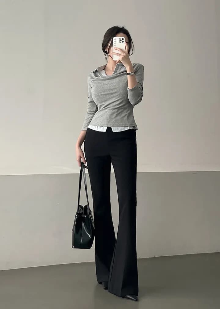26 이른 봄 한 부서 학원 스타일 폴로 칼라 페이크 레이어드 셔츠 몸매 가꾸기 숙녀 연령 감소 긴팔 맨위 티셔츠 9968 상세 이미지 3