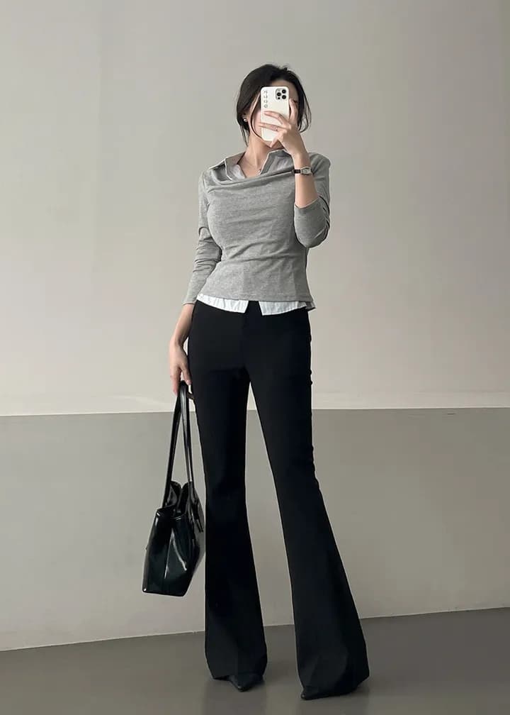 26 이른 봄 한 부서 학원 스타일 폴로 칼라 페이크 레이어드 셔츠 몸매 가꾸기 숙녀 연령 감소 긴팔 맨위 티셔츠 9968 상세 이미지 4