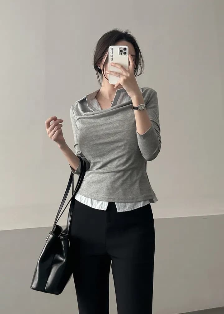 26 이른 봄 한 부서 학원 스타일 폴로 칼라 페이크 레이어드 셔츠 몸매 가꾸기 숙녀 연령 감소 긴팔 맨위 티셔츠 9968 상세 이미지 5