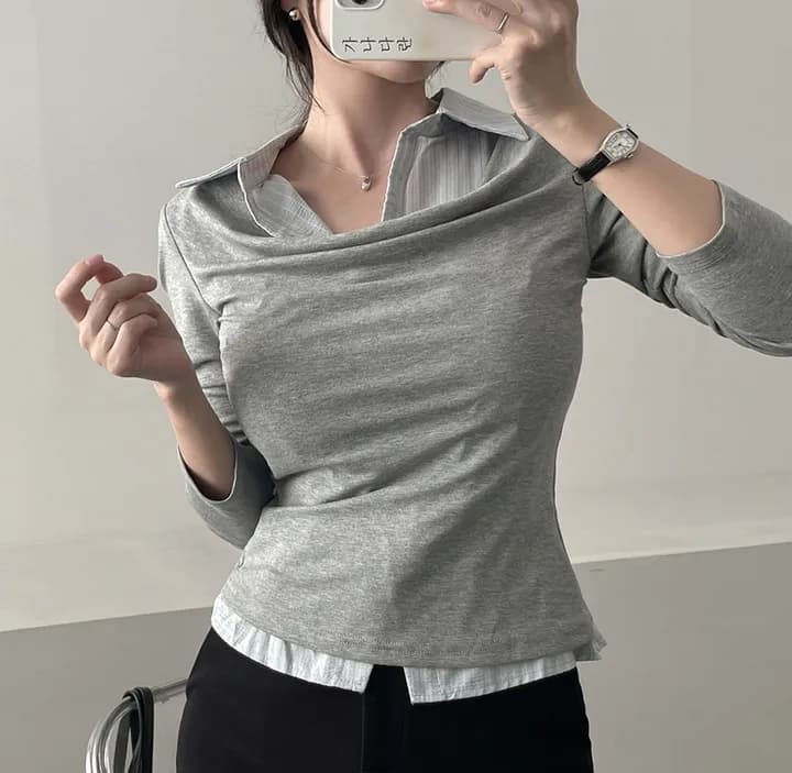 26 이른 봄 한 부서 학원 스타일 폴로 칼라 페이크 레이어드 셔츠 몸매 가꾸기 숙녀 연령 감소 긴팔 맨위 티셔츠 9968 상세 이미지 6